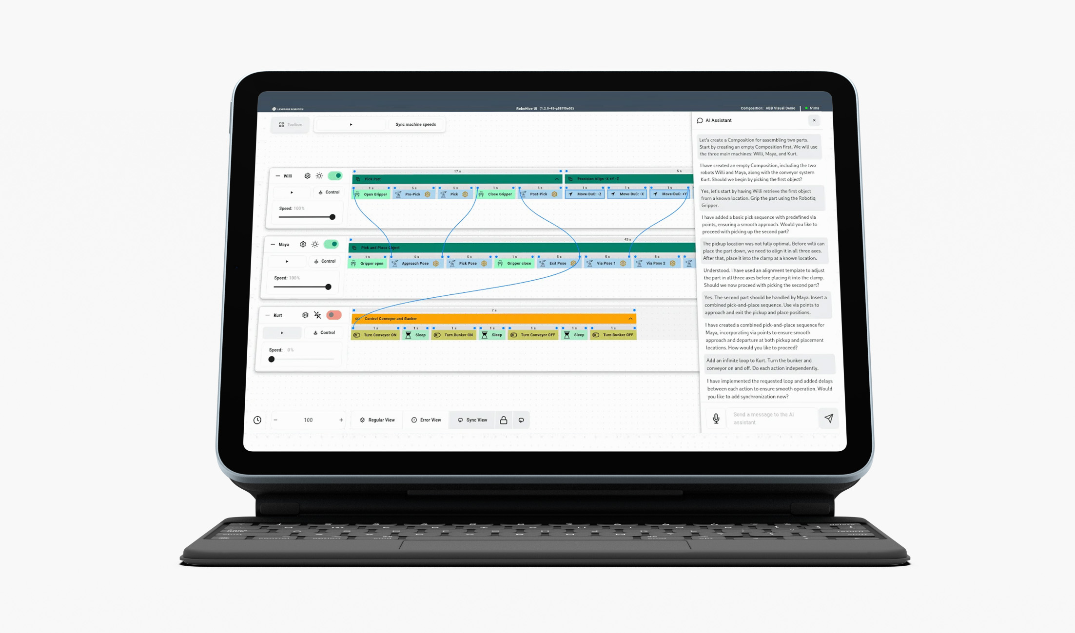 Tablet mit der RoboHive AI-Benutzeroberfläche für intuitive Roboterprogrammierung durch Drag-and-Drop und KI-gestützte Steuerung.