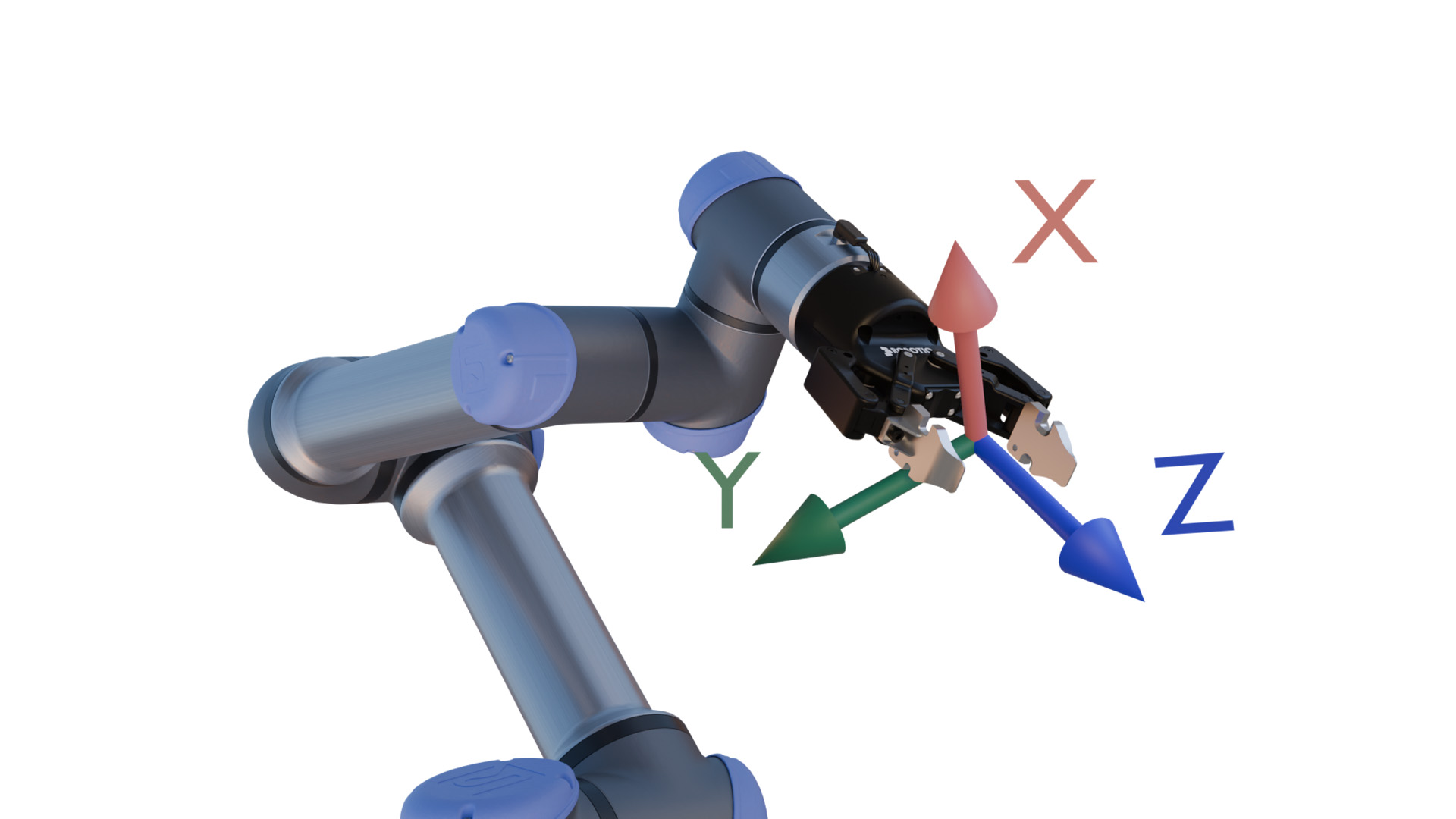 Industrieroboterarm mit Greifer und kartesischen Koordinatenachsen (X, Y, Z) zur Darstellung des Tool Center Points.