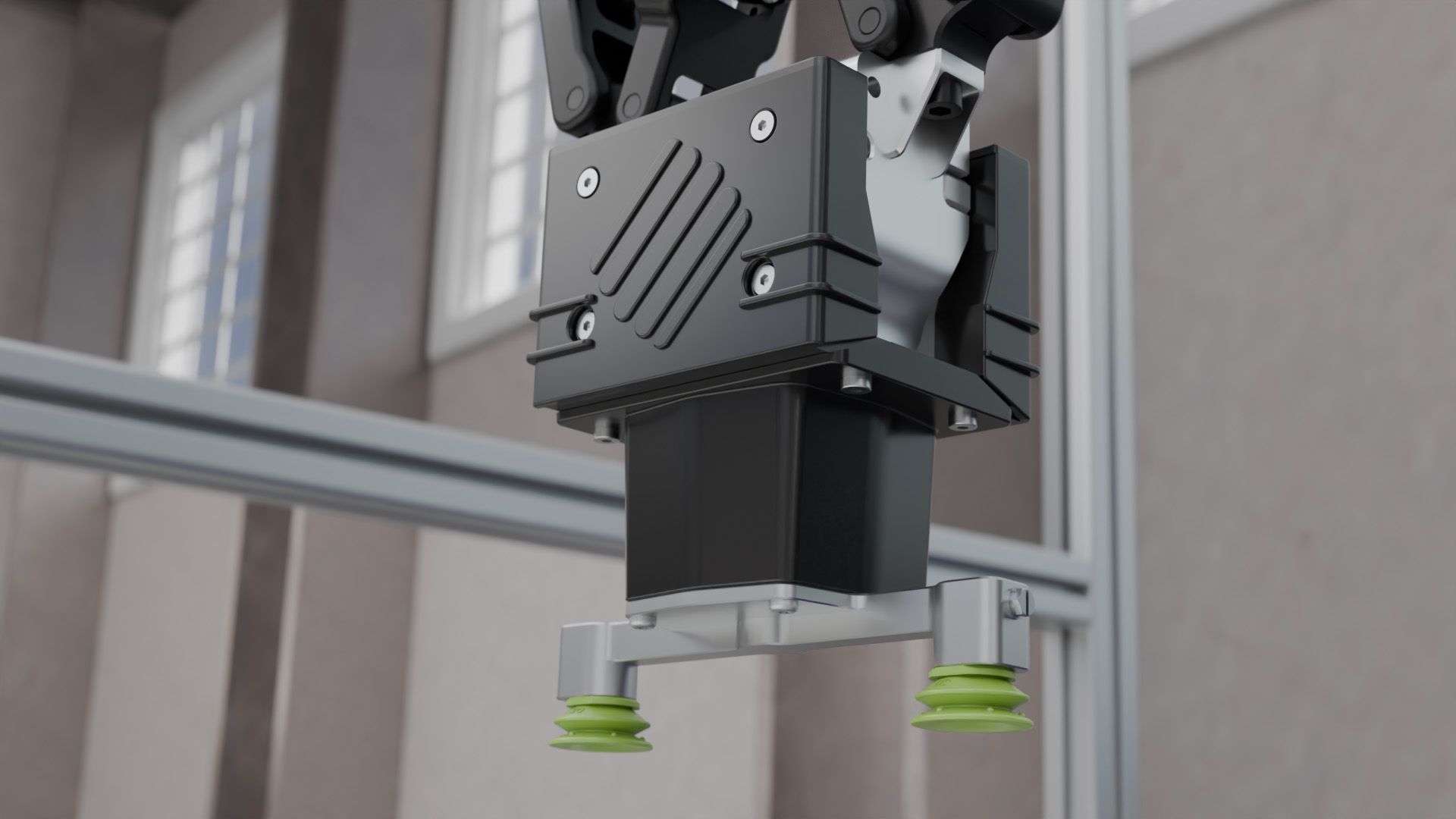 Nahaufnahme des Double Vacuum Grippers von Leverage Robotics mit zwei grünen Balgsaugnäpfen für präzises und sicheres Greifen von Bauteilen.