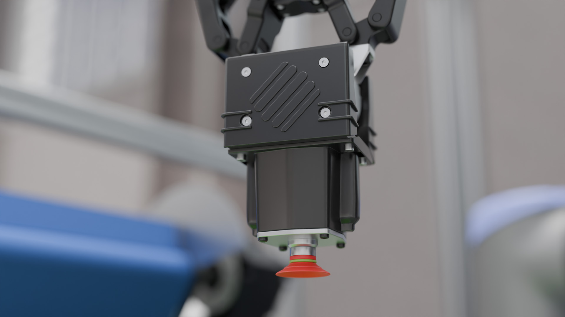 Ein Single-Vakuumgreifer-ToolCube mit rotem Saugnapf, montiert an einem Roboterarm, bereit für die Handhabung luftundurchlässiger Materialien.